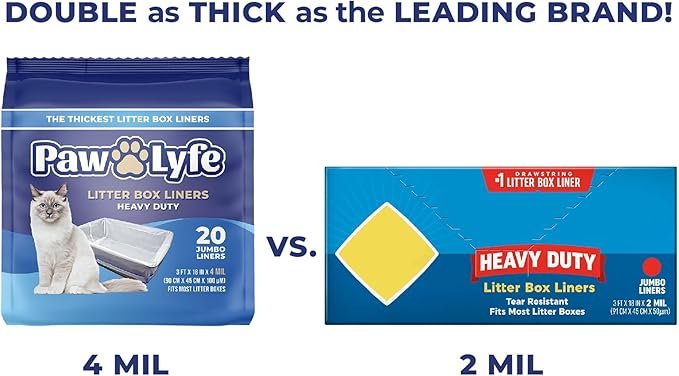 1 PawLyfe Litter Box Liners: Heavy Duty - Thickest Litter Liner on the Market 4MIL - Tear & Leak Resistant - Drawstring Close - Jumbo, 36” x 18” - 20 Count Jumbo Size Draw String Litter Liners for Cats