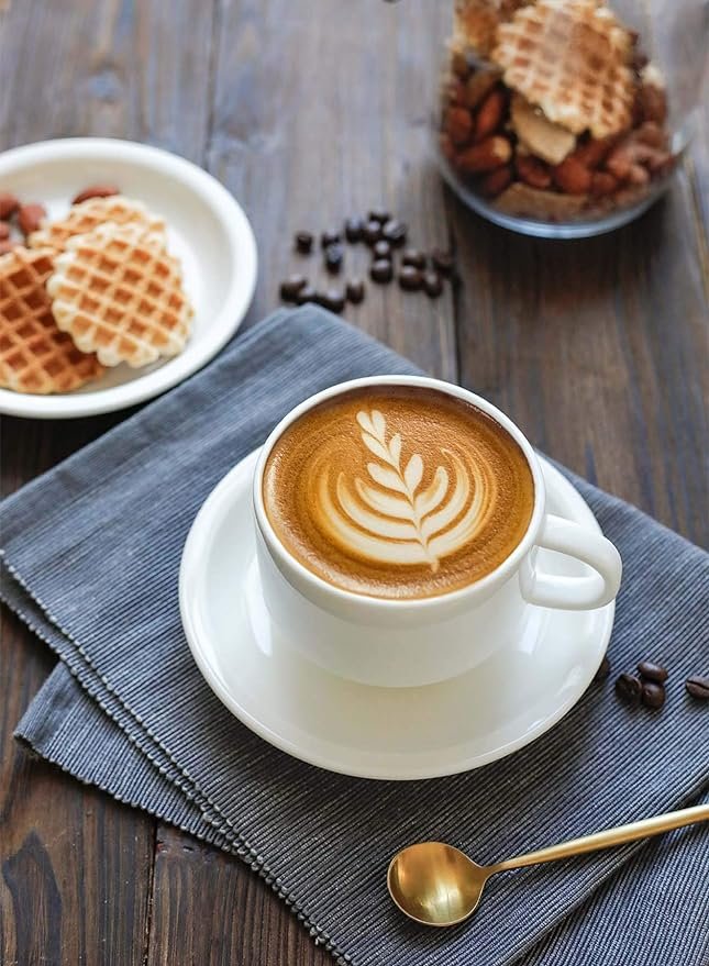 4 Sweese 406.401 Porcelain Stackable Coffee Cups with Saucers and Metal Stand - 8 Ounce - Set of 4, White