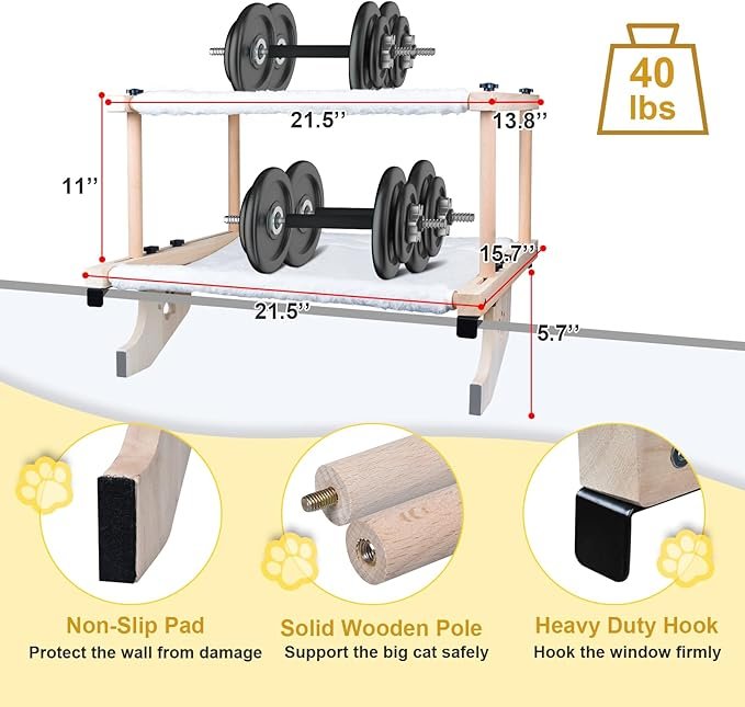 2 Cat Window Perch Cat Window Hammock Double Layers with Wood & Metal Frame for Multiple Cats, Easy to Adjust Cat Bed for Windowsill, Bedside, Drawer and Cabinet