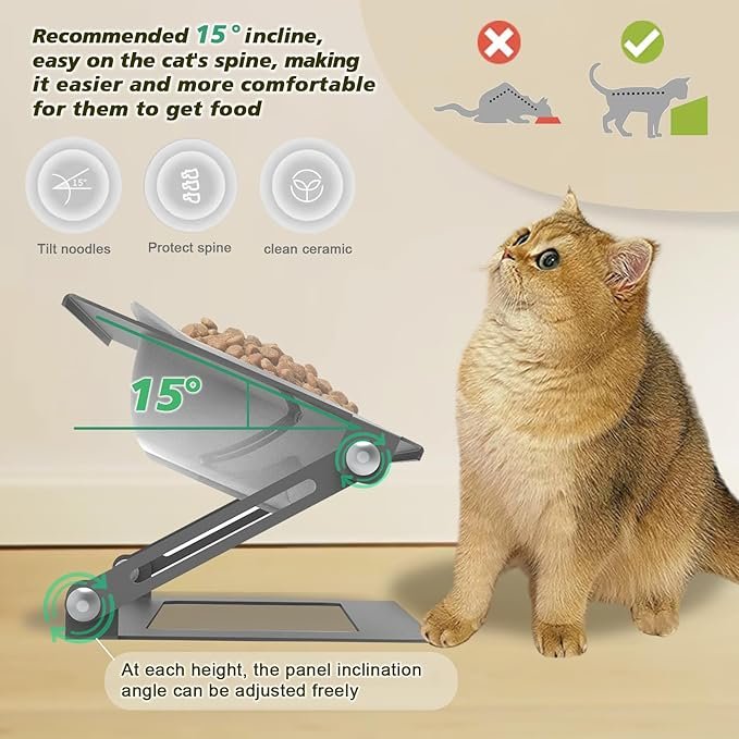 1 Pandaq Adjustable Cat Feeder,Elevated Cat Ceramic Bowls 15° Tilted Raised Cat Food Bowls with 2 Thickened Ceramic Bowls 300ML & A Sturdy Iron Stand for Cats