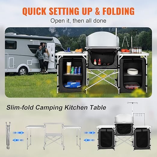 1 VEVOR Camping Kitchen Table, Aluminum Portable Folding Camp Cook Table with Windshield, Storage Organizer, Quick Installation for Outdoor Picnic Beach Party Cooking, Black