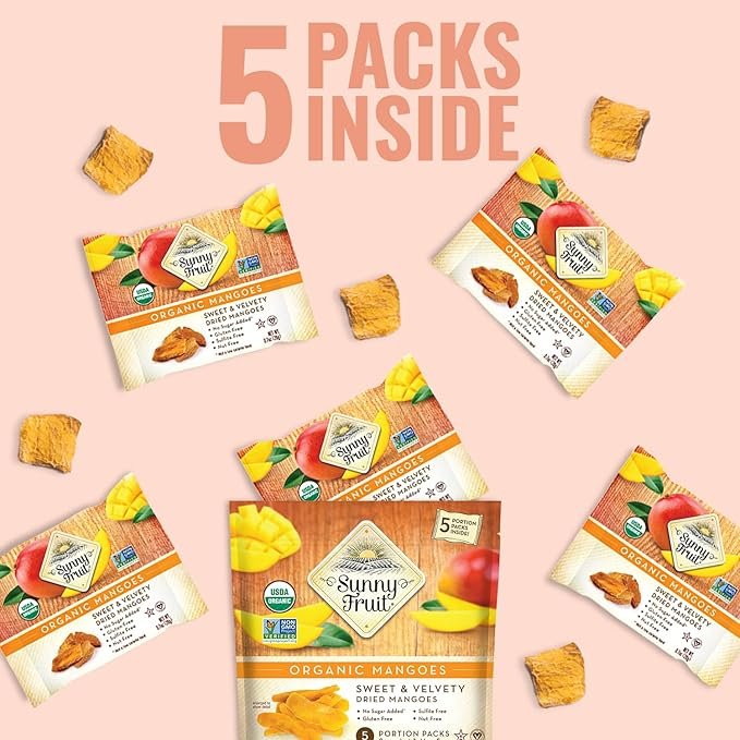 5 Sunny Fruit Soft Organic Dried Mangoes - 1 Bag (5 Individual Portion Packs) | Healthy, Convenient Snack Packs | NON-GMO, VEGAN, HALAL, KOSHER, NO PRESERVATIVES, NO SULFIDES, NO SUGAR ADDED