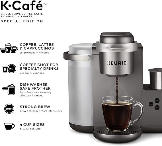 1 Keurig K-Cafe Premium Single Serve K-Cup Pod Coffee, Latte, and Cappuccino Maker with Milk Frother, Shot Capability, Nickel (Dishwasher Safe)