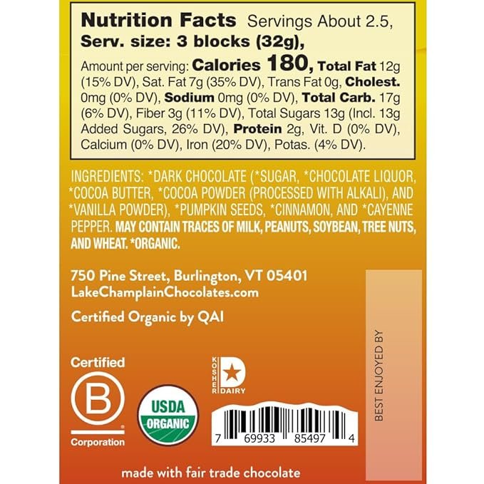 1 LAKE CHAMPLAIN CHOCOLATES Organic Spicy Aztec Dark Chocolate Bar 57%, 3 OZ