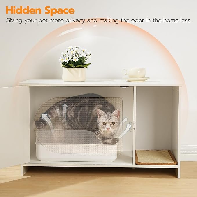 2 HOOBRO Cat Litter Box Enclosure with Rattan Door, Hidden Litter Box Furniture, Large Litter Box Enclosure with Adhesive Cat Scratching Mat, Coffee Table, 31.5" L x 17.7" W x 18.1" H, White WY18MW01