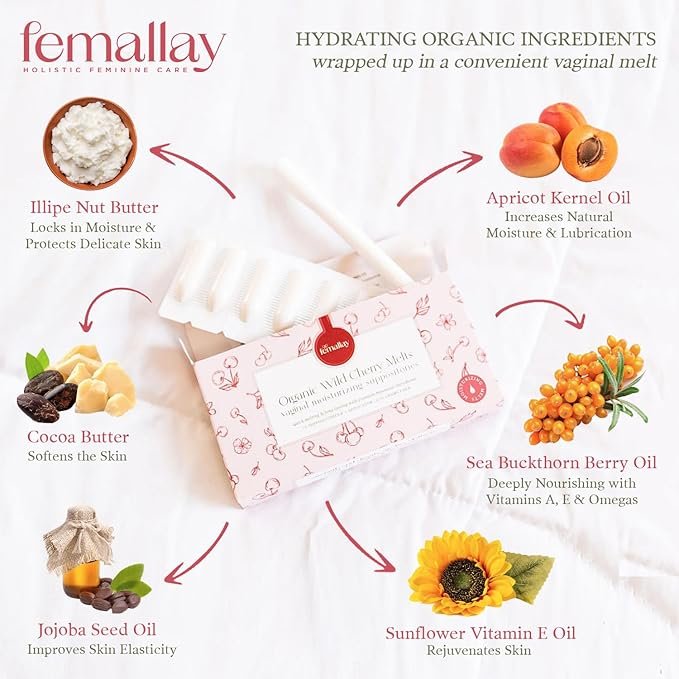 5 Femallay Organic Vaginal Moisturizing Suppository Melts - 100% Natural Suppositories for Vaginal Odor and Dryness Relief, Ultra-Hydrating Fast-Acting Comfort (Wild Cherry)