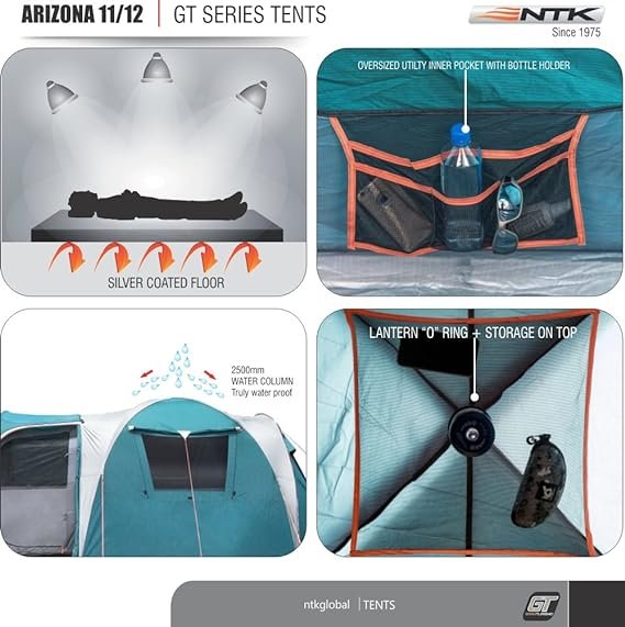 2 NTK Arizona GT 12 Person Tent for Family Camping | 17x8 ft Camping Tent with 2 Rooms, 2 Doors, 100% Waterproof Dome & Breathable Mesh | Outdoor Tent | 2500 mm Warm & Cold Weather Family Tent