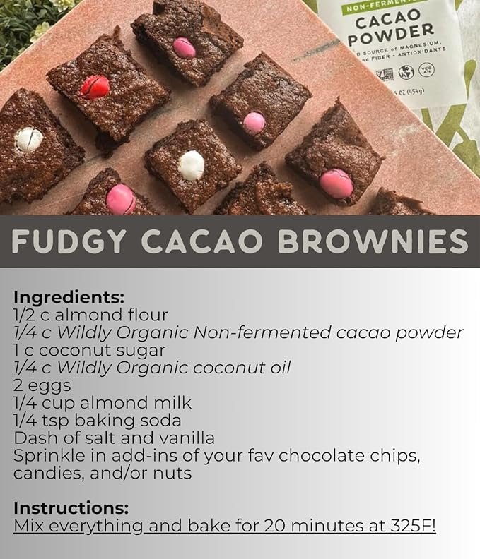 4 Wildly Organic Non-Fermented Cacao Powder 16 Oz, 1 lb Bag - Organic, Non-Alkalized, High in Antioxidants, Minimally Processed, Raw, Non-GMO, Kosher, Vegan, Premium Mild Chocolate Flavor | Perfect for Smoothies, Yogurt, Oatment, Baking, & Hot Cocoa