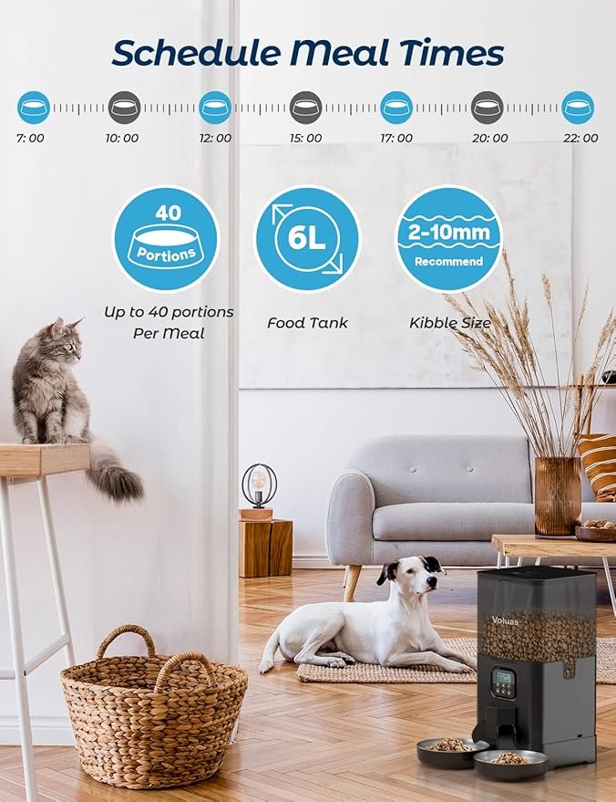 1 Voluas Automatic Cat Feeders for Two Cats, Double Pet Feeder with 2 Stainless Steel Bowls,6L Timed Cat Feeder with Memory Function, Pet Food Dish