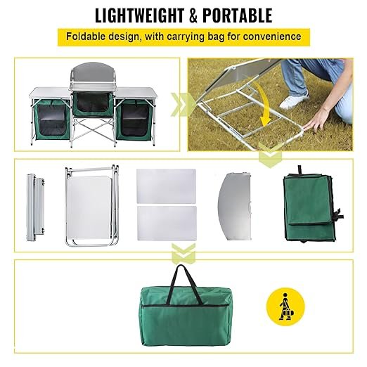 4 VEVOR Outdoor Camping Kitchen 3 Zippered Bags, Camping Cook Table Steel Windscreen, Camping Kitchen Table 2 Side Tables, Portable Camp Cook Table for Outdoor Activities Green, 67.5x17x44''