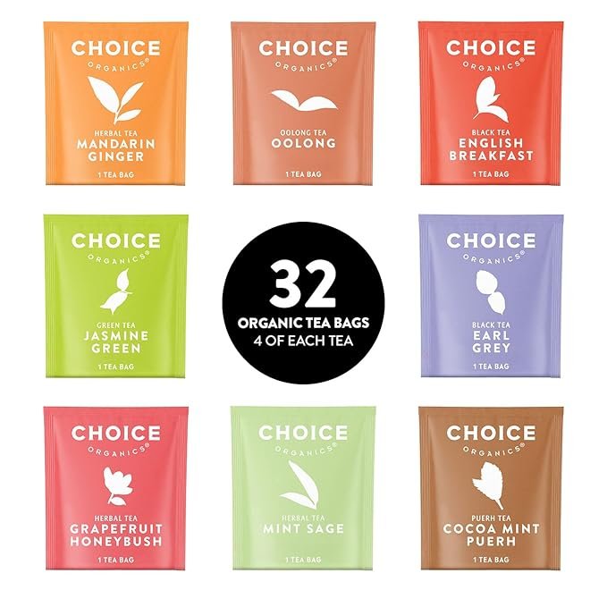 3 Choice Organics Sipping Box Tea Sampler, Variety Gift Box, 32 Total Tea Bags, 8 Flavors, Caffeinated and Caffeine-Free Teas, Sustainably Sourced Organic and Non-GMO Ingredients