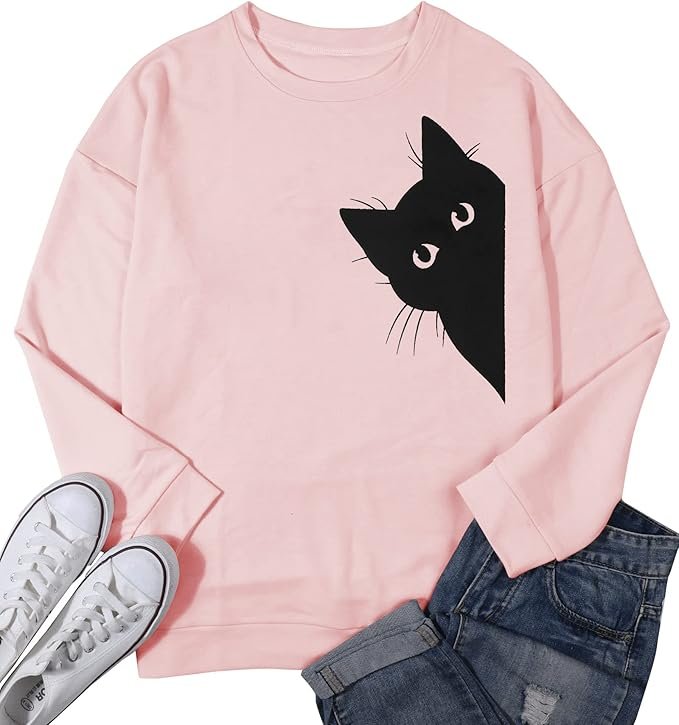 3 FRYAID Women's Funny Cat Print Sweatshirt Long Sleeve Pullover Lightweight Hoodie Shirt