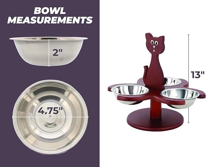 4 Etna Pet Store Elevated Cat Bowls - This Wooden, Raised Pet Feeder Promotes Better Digestion and is Easy on the Joints - Multiple Cat Feeder with 3 Removable Cat Bowls for Food and Water - Brown