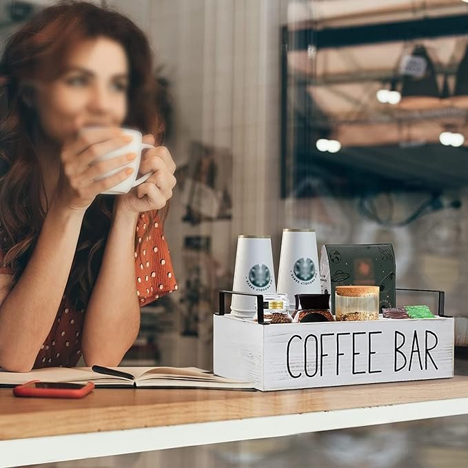 2 Wooden Coffee Bar Storage, Countertop Coffee Accessories Organizer, Rustic Coffee Pod Holder with Handle, White Coffee Bar Decor Organizer