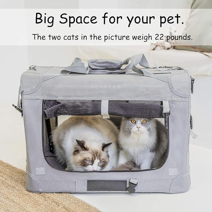 2 Petseek Extra Large Cat Carrier Soft Sided Folding Small Medium Dog Pet Carrier 24"x16.5"x16" Travel Collapsible Ventilated Comfortable Design Portable Vehicle (Grey)