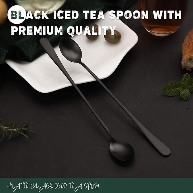 2 Hiware Matte Black 9-Inch Long Handle Iced Tea Spoon, Coffee Spoon, Ice Cream Spoon, Stainless Steel Cocktail Stirring Spoons, Set of 4