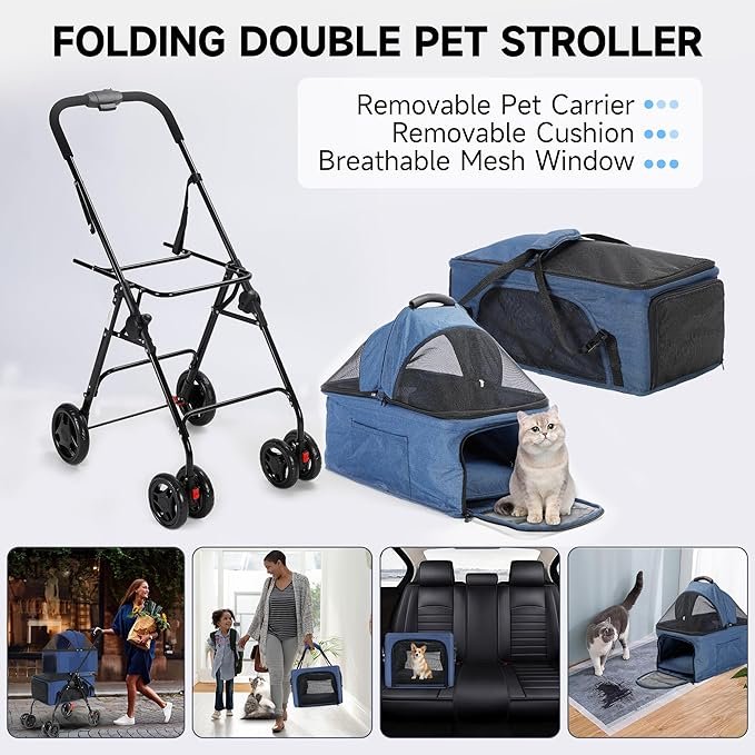 2 Rengue Double Pet Strollers, Dog Strollers for 2 Small Dogs or Cats, Double Cat Strollers with 2 Detachable Carrier Bags, Folding Dog Strollers with 4 Lockable Wheels, Travel Small Dog Strollers
