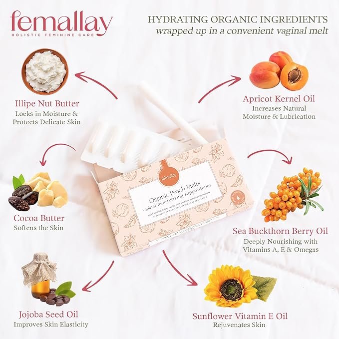 4 Femallay Organic Vaginal Moisturizing Suppository Melts - 100% Natural Suppositories for Vaginal Odor and Dryness Relief, Ultra-Hydrating Fast-Acting Comfort (Peach)