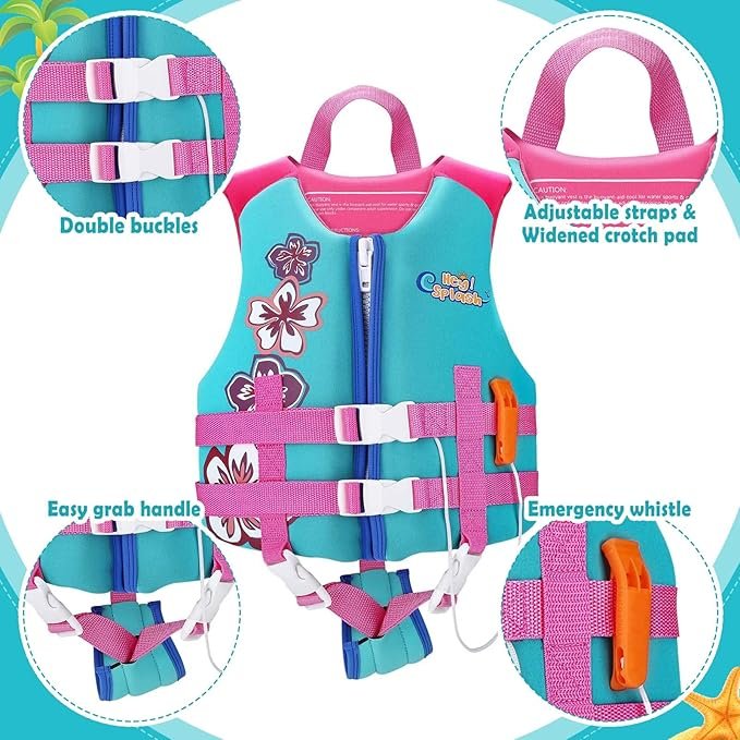1 HeySplash Kid's Swim Life Jacket Vest, Child Size Watersports Swim Vest Floatation Device Toddler Floatie Trainer Vest with Emergency Whistle, Convenient Fastening, Ideal for 35-55 lbs (Size M)/ 55-77 lbs (Size L)