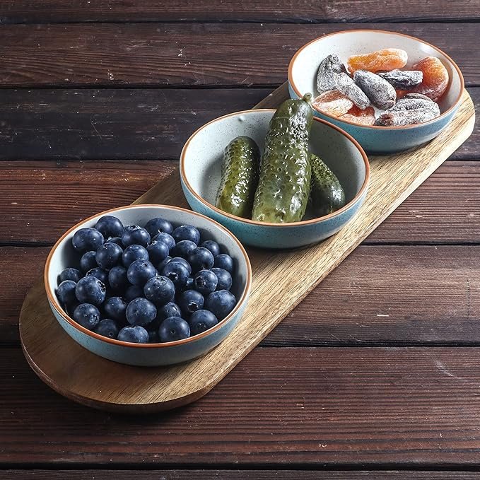 5 Artena 6oz Turquoise Solid Ceramic Chips and Dip Serving Platter with Acacia Wooden Tray, 4.5inch Glazing Small Serving Bowls/Dipping Dishes for Condiments,Side Dishes, Dipping, Pre, Dessert, Salsa