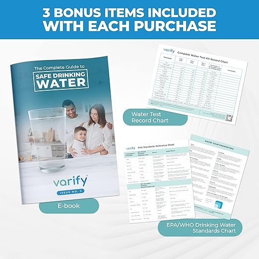 5 Premium Water Test Kit Plus - Comprehensive Home Water Quality Analysis - Includes 100 Strips + 2 Bacteria Tests - Ideal for Well and Tap Water - Convenient Screening for Lead, Bacteria, Hardness, Fluoride, pH, Iron, Copper, and other substances!
