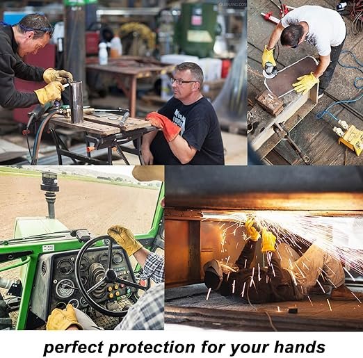4 OZERO Flex Grip Cowhide Work Gloves Stretchable Tough Leather Working Glove 1 Pair (Gold, Medium)