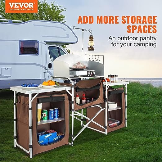 2 VBENLEM Camping Kitchen Table, Aluminum Portable Folding Camp Cook Table with Windshield, 3 Cupboard, Storage Organizer, Quick Installation for Outdoor Picnic Beach Party Cooking, Brown