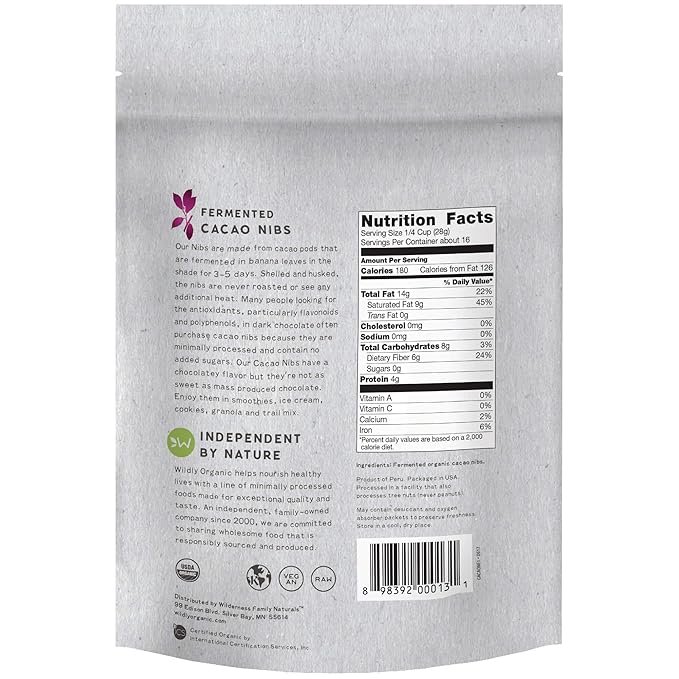 2 Wildly Organic Fermented Cacao Nibs 16 Oz, 1 lb Bag - Organic, Non-Alkalized, Minimally Processed, Raw, Non-GMO, Kosher, Vegan, Premium Rich Chocolate Flavor | Perfect in Smoothies, Yogurt, Oatmeal, Granola, Baking, Fruits, & Ice Cream