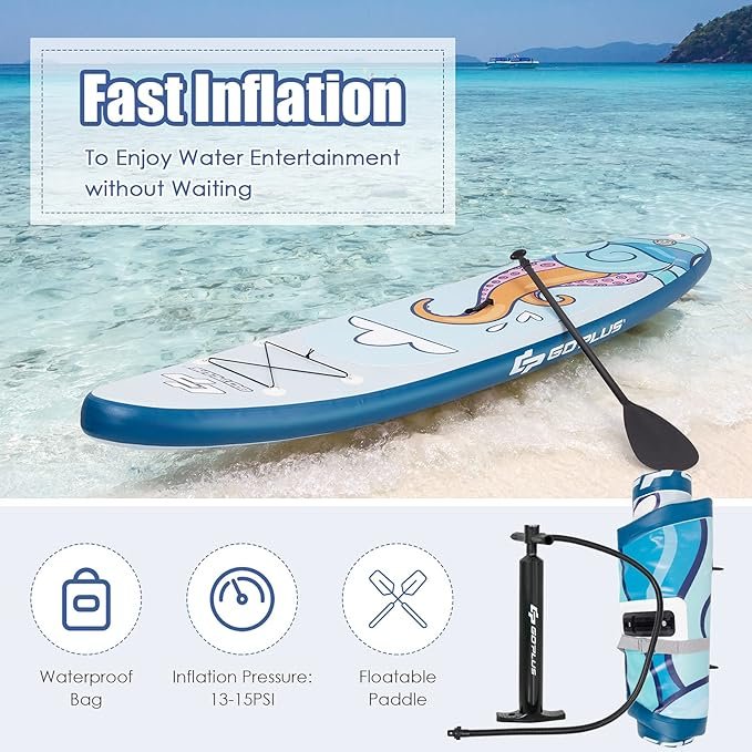 1 Goplus Air-Filled Upright Paddle Board, Portable SUP Board with Adjustable Paddle, Transport Bag Manual Pump Fix Kit Detachable Fin for All Proficiency Levels, 6-Inch Thickness