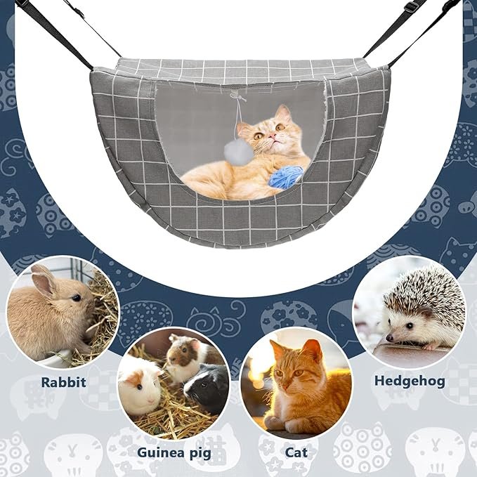 4 2 Pieces Cat Cage Hammock Hanging Pet Bed Double Layer Soft Plush Hanging Pet Bed Comfortable Hammock Bed for Indoor Cats Kitten Ferret Hamster Rabbit or Small Animals, 2 Styles (Cat and Plaid)
