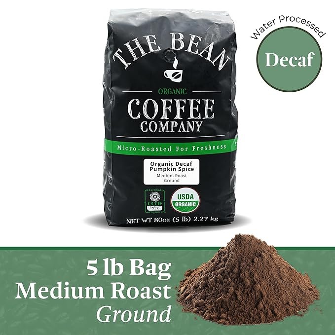 1 The Bean Organic Coffee Company Water Processed DECAF Pumpkin Spice, Medium Roast, Ground Coffee, 5-Pound Bag, Café Molido Tostado Orgánico descafeinado