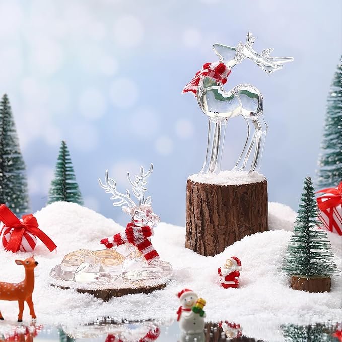 3 Queekay 2 Pcs Acrylic Christmas Reindeer Ornaments Clear Deer Figurine and Reindeer Table Top Decorations Holiday Table Centerpiece（Vivid Style）