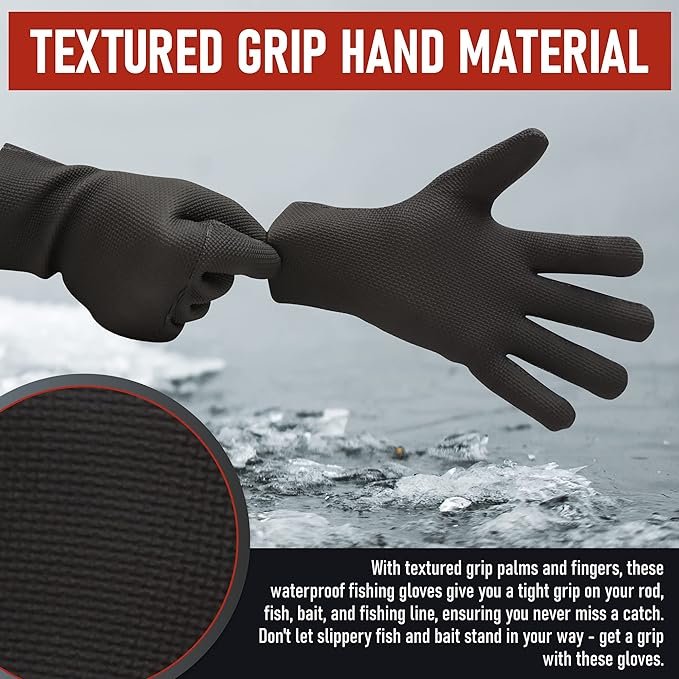 3 Waterproof neoprene gloves for men, ideal for fishing activities on ice. The gloves' textured grip palm offers excellent control, and the soft lining ensures comfort. Suitable for fishing in wet conditions, the gloves are designed to fit most hand sizes, from L to XL.