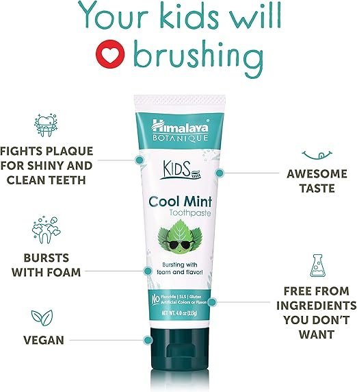 1 Himalaya Botanique Kids Toothpaste, Cool Mint Flavor to Reduce Plaque and Keep Kids Brushing Longer, Fluoride Free, 4 oz