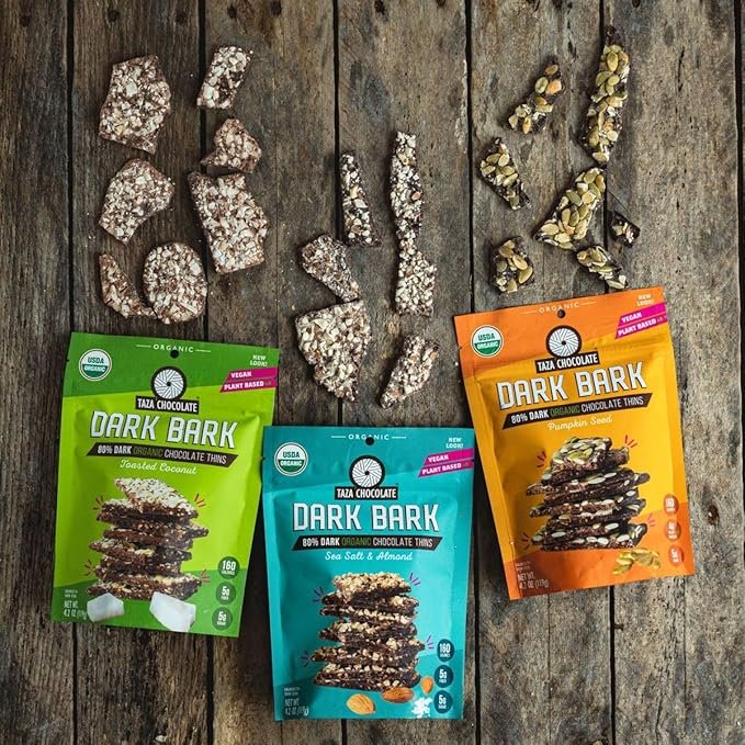 2 Taza Chocolate Organic Stone Ground 80% Dark Bark Snacking Thins, Pumpkin Seed, 4.2 Ounce (Pack of 4)