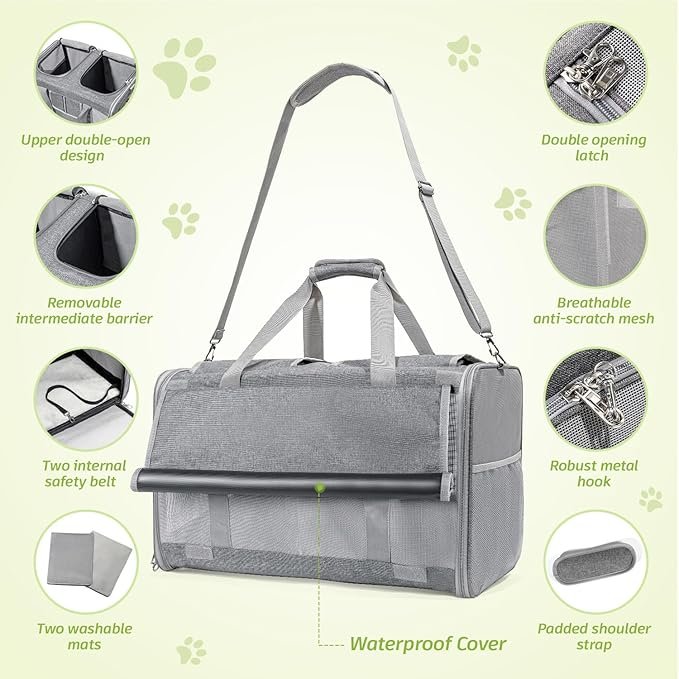 1 Sedioso Large Cat Carrier for 2 Cats, 21.7x 13.8x 13.8in Pet Carrier for Cat and Dog Up to 38lbs, All-Sided Mesh Cat Carrier with Great Ventilation, Portable Soft Sided Pet Carrier for Traveling(Grey)