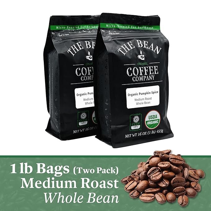 1 The Bean Organic Coffee Company Pumpkin Spice, Medium Roast, Whole Bean Coffee, 16-Ounce Bags (Pack of 2)