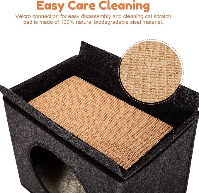 1 SOVPAIT Heated cat House with Multi-Functio Heating Pet Pad,Heated Cat Bed with Wool Felt Shell Box and Sisal Cat Scratch Mats,Soft Washable Fleece Cover -15L*11W*14H inch Black Grey