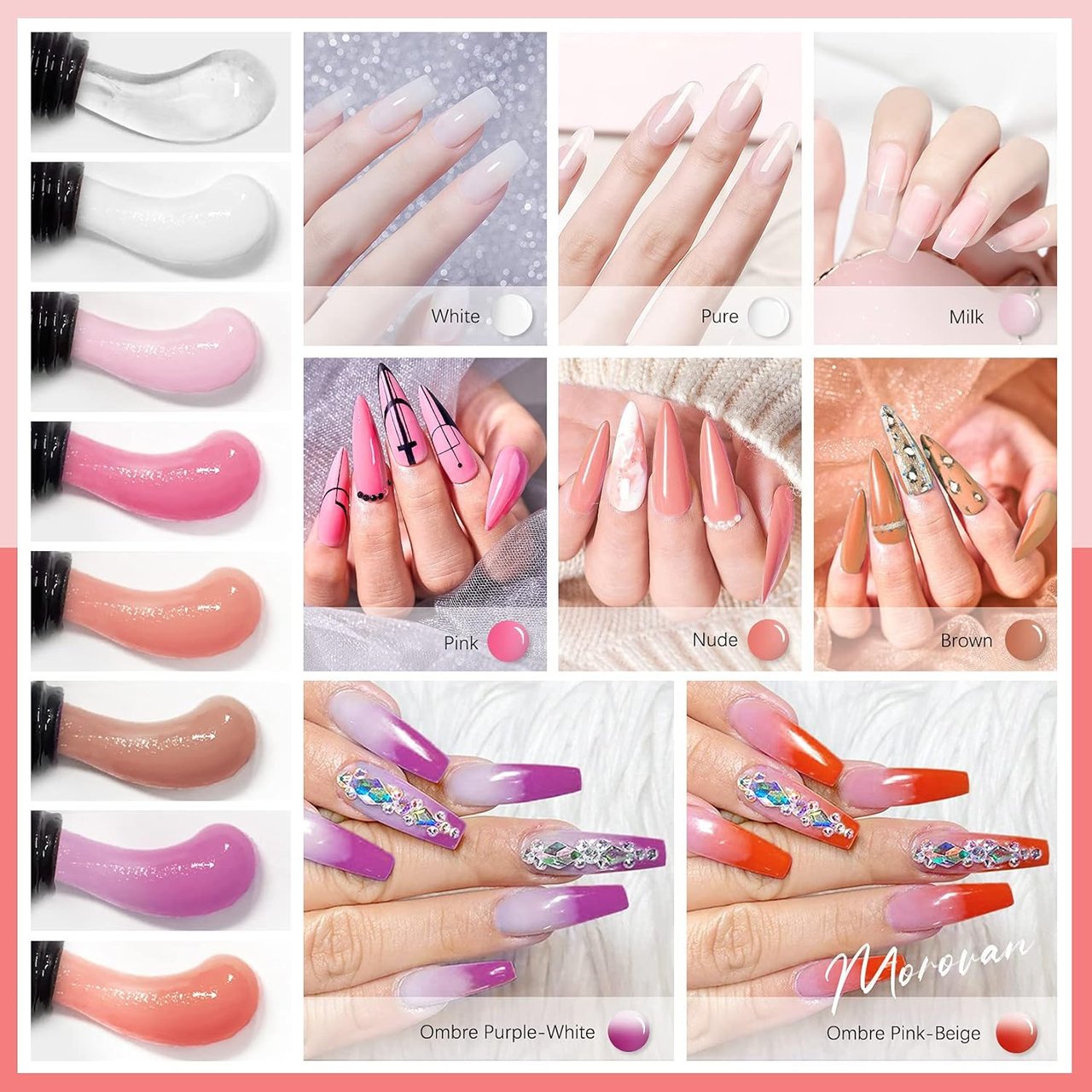 7 Morovan Poly Gel Nail Kit Builder Gel for Nails with 48W LED Nail Lamp Nail Extension Gel 8 Pcs 0.5oz with Slip Solution Nail Prep Dehydrator and Nail Primer Poly Nail Gel Kit Nail Art Supplies