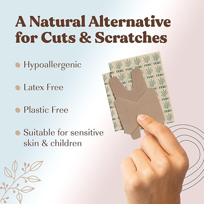 4 FEBU Eco-Friendly Organic Bamboo Fingertip Bandages | PFAS Free Knuckle Bandages for First Aid | Flexible Fabric Bandages | Latex Free Bandages | 30 Count Knuckle & Finger Bandage Variety Pack