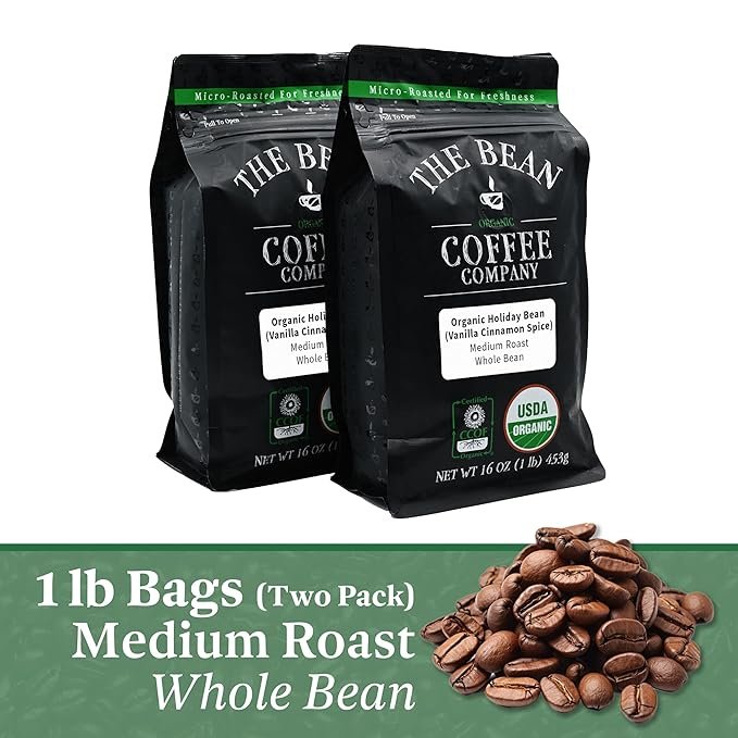 1 The Bean Organic Coffee Company Holiday Bean (Vanilla Cinnamon Spice), Medium Roast, Whole Bean Coffee, 16-Ounce Bags (Pack of 2)
