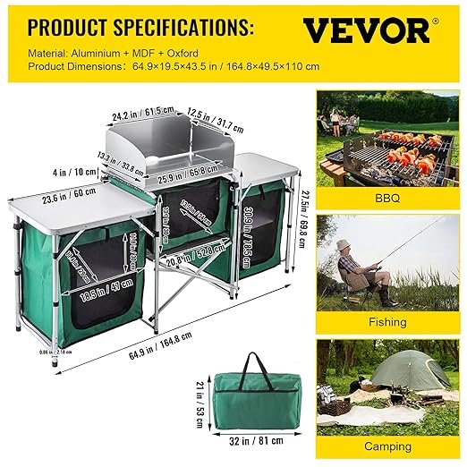 5 VEVOR Outdoor Camping Kitchen 3 Zippered Bags, Camping Cook Table Steel Windscreen, Camping Kitchen Table 2 Side Tables, Portable Camp Cook Table for Outdoor Activities Green, 67.5x17x44''