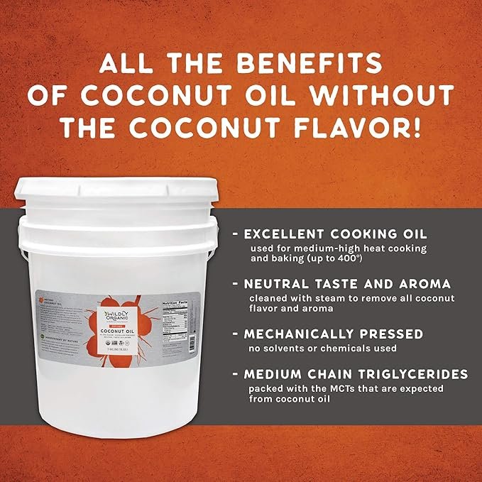 2 Wildly Organic Refined Coconut Oil 640 Fl Oz, 5 Gallon - Organic, Non-GMO, Vegan, RBD, MCT, No Coconut Flavor or Aroma (Neutral Flavor), Canola Oil Replacement | Perfect for Skin, Hair, Cooking, & Baking - BPA-Free Container