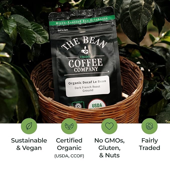 3 The Bean Organic Coffee Company Water Processed DECAF Le Bean, Dark French Roast, Ground Coffee, 16-Ounce Bags (Pack of 2), Café Molido Tostado Orgánico descafeinado