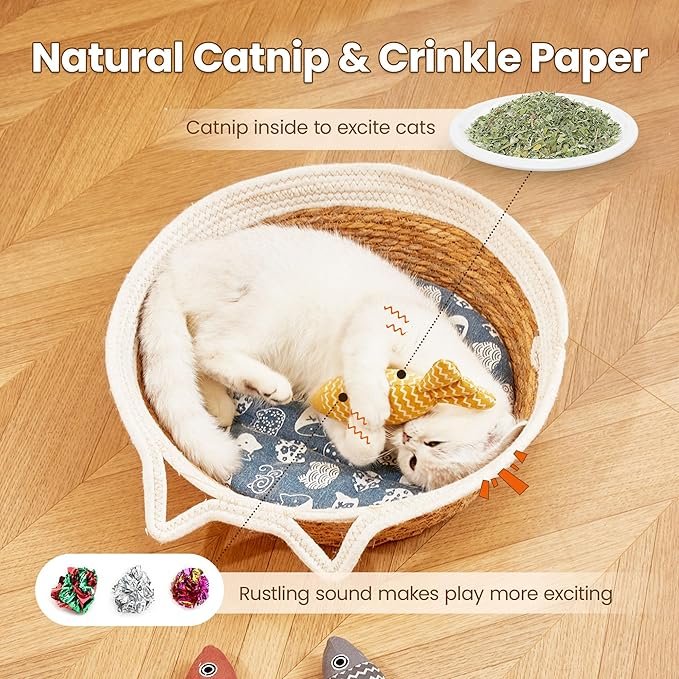 1 Potaroma Cat Toys Fish, 3 Pcs Crinkle Sound Catnip Toys Soft Linen, Interactive Kitten Exercise Kicker Toys for Indoor Cats 7.8 Inches for All Breeds