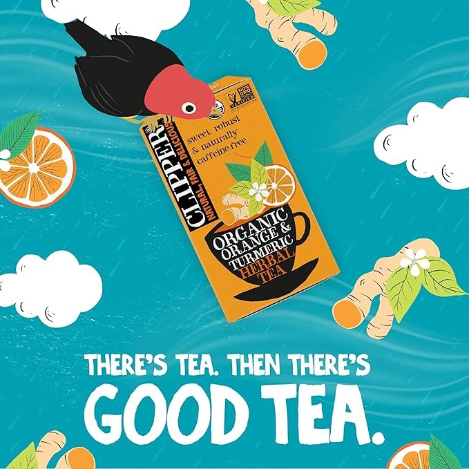 5 Clipper Tea, Orange & Turmeric, Organic Tea with Licorice Root, Orange Peel and Hibiscus, Plant Based Herbal Tea, Caffeine Free British Tea, 1 Pack, 20 Unbleached Tea Bags