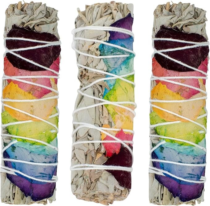 3 White Sage Sticks with Chakra Rose Petals - Natural Incense Sticks for Spiritual Cleansing, Home Fragrance, Witchcraft Supplies - 4" Long Bundles - Pack of 3 - Alternative Imagination,