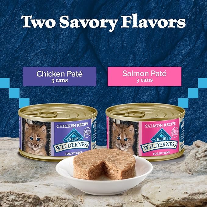 1 Blue Buffalo Wilderness Kitten Food, High-Protein & Grain-Free Wet Cat Food Paté Variety Pack, Chicken & Salmon Recipes, 3-oz. Cans (6 Count, 3 of Each)