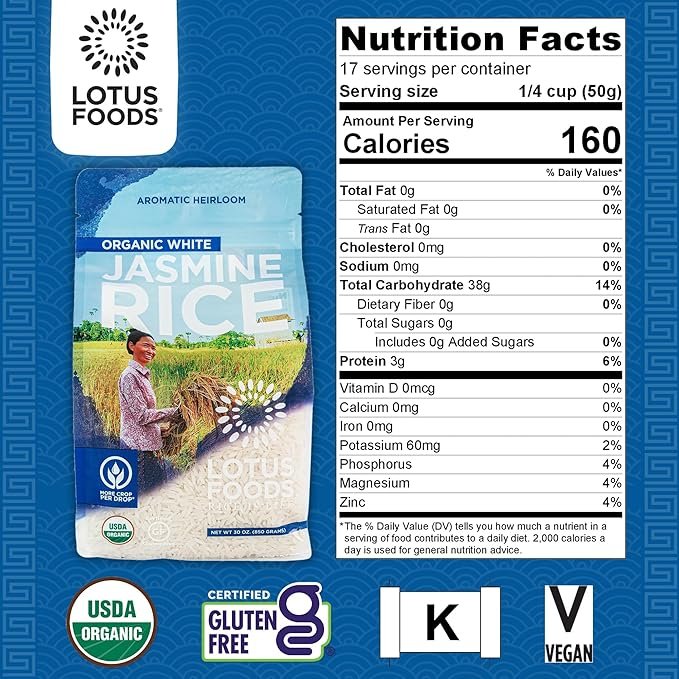 1 Lotus Foods Organic White Jasmine Rice - Jasmine Rice, Gluten Free White Rice, Organic Rice, Long Grain Asian Sticky Rice, USDA Organic, Vegan, Gluten Free - 30 Oz (Pack of 3)