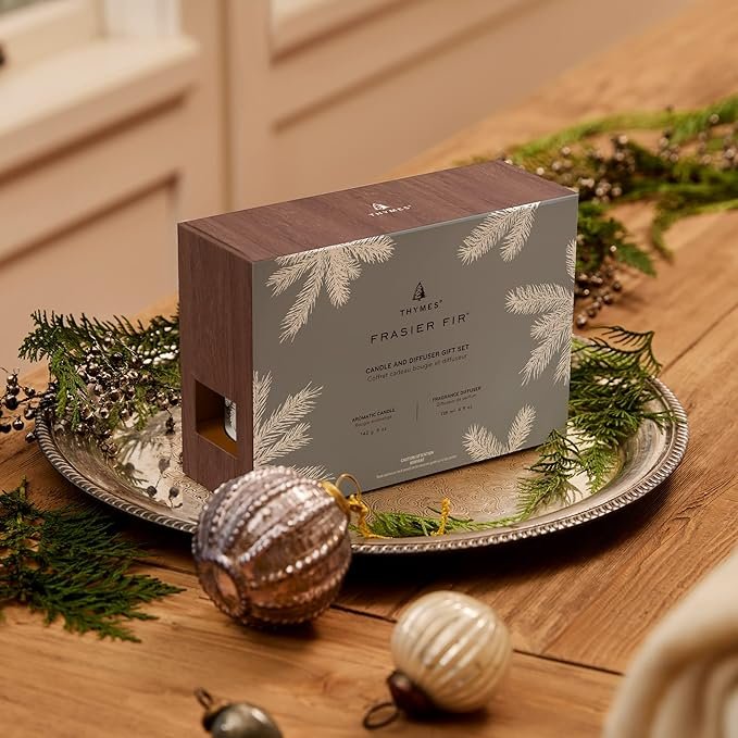 1 Thymes Frasier Fir Statement Candle and Diffuser Gift Set - Holiday Scented Candle & Diffuser with Notes of Siberian Fir, Cedarwood, and Sandalwood - Silver (4 fl oz Petite Diffuser + 5 oz Candle)